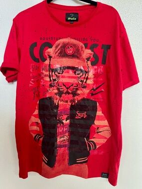 Red Short Sleeve Graphic Tiger Surf Tee XL (L M)